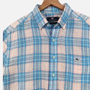 Vineyard Vines Blue and Pink Casual Linen Button Down